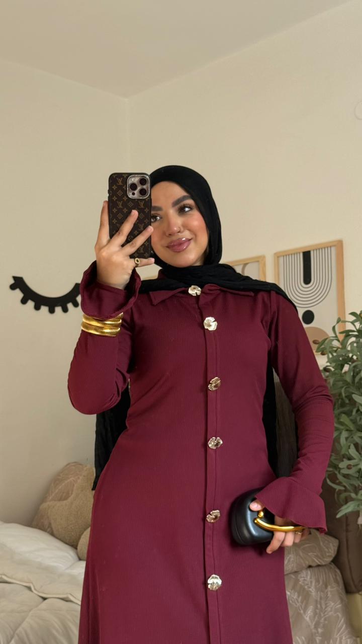 Burgundy Long Button Dress