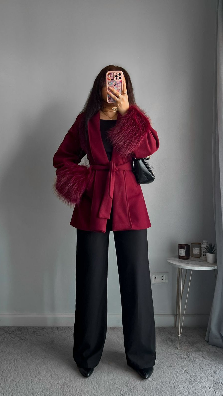 Red Belted Fur Coat