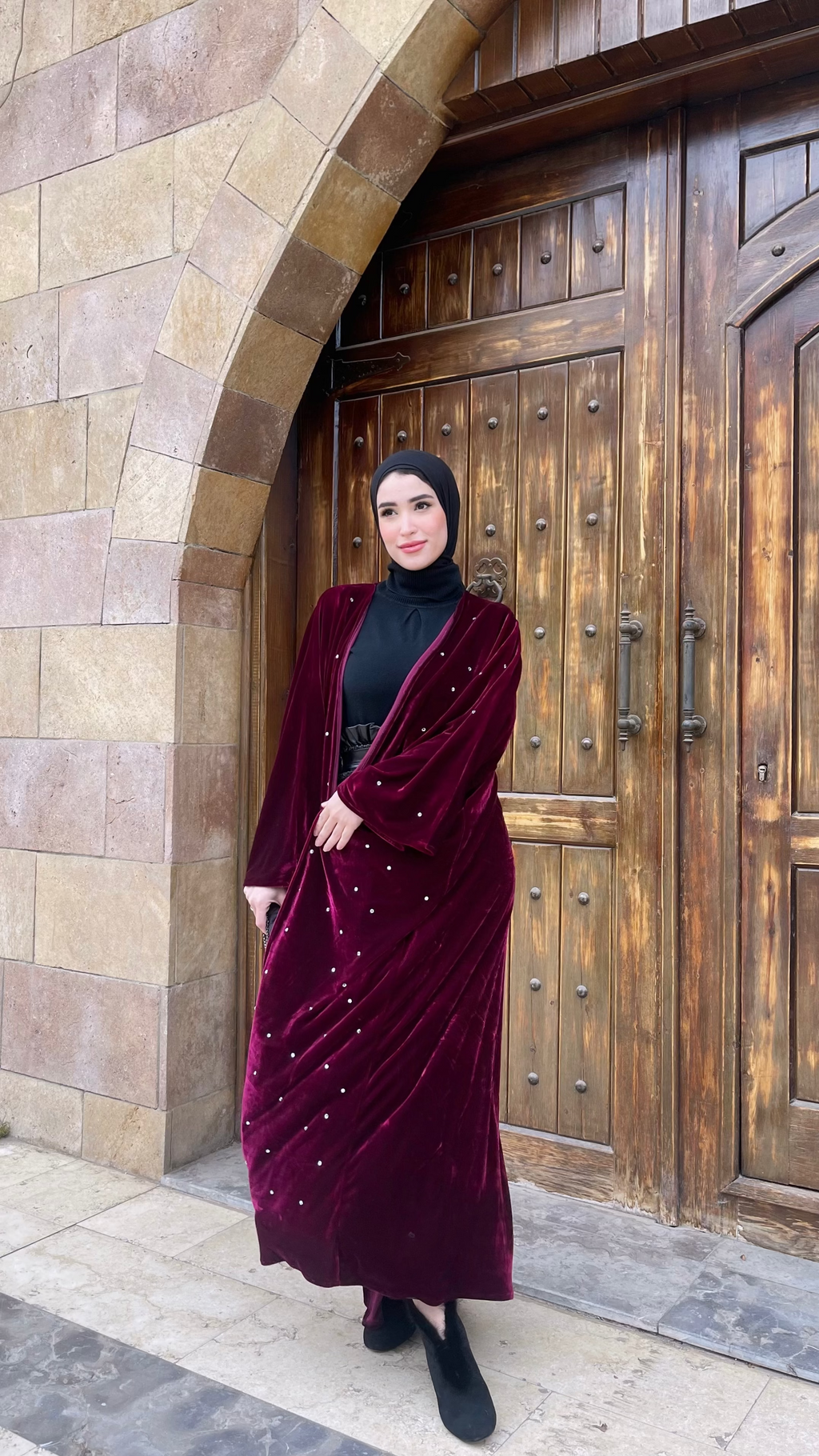 Burgundy Pearl Open Abaya