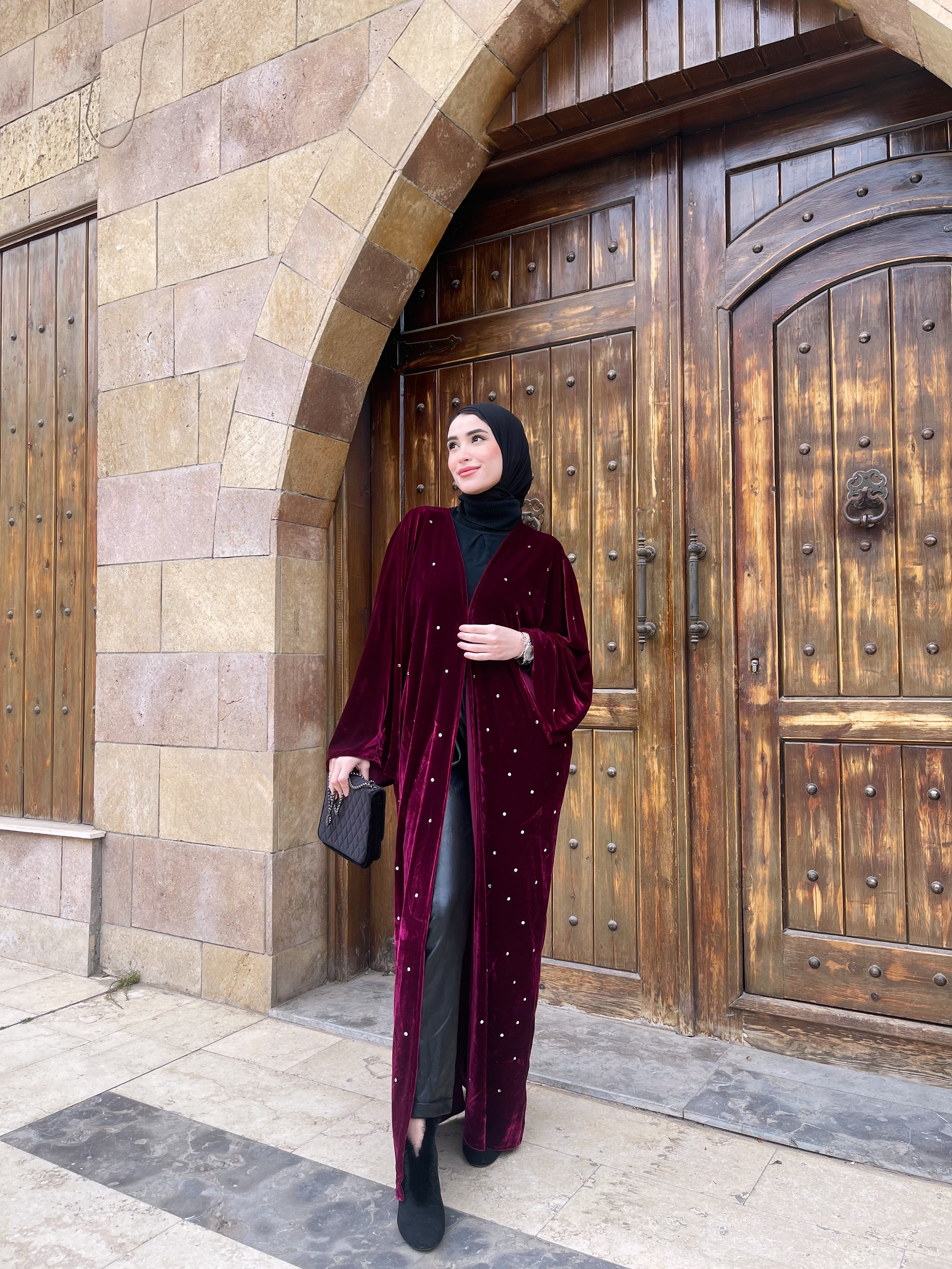 Burgundy Pearl Open Abaya