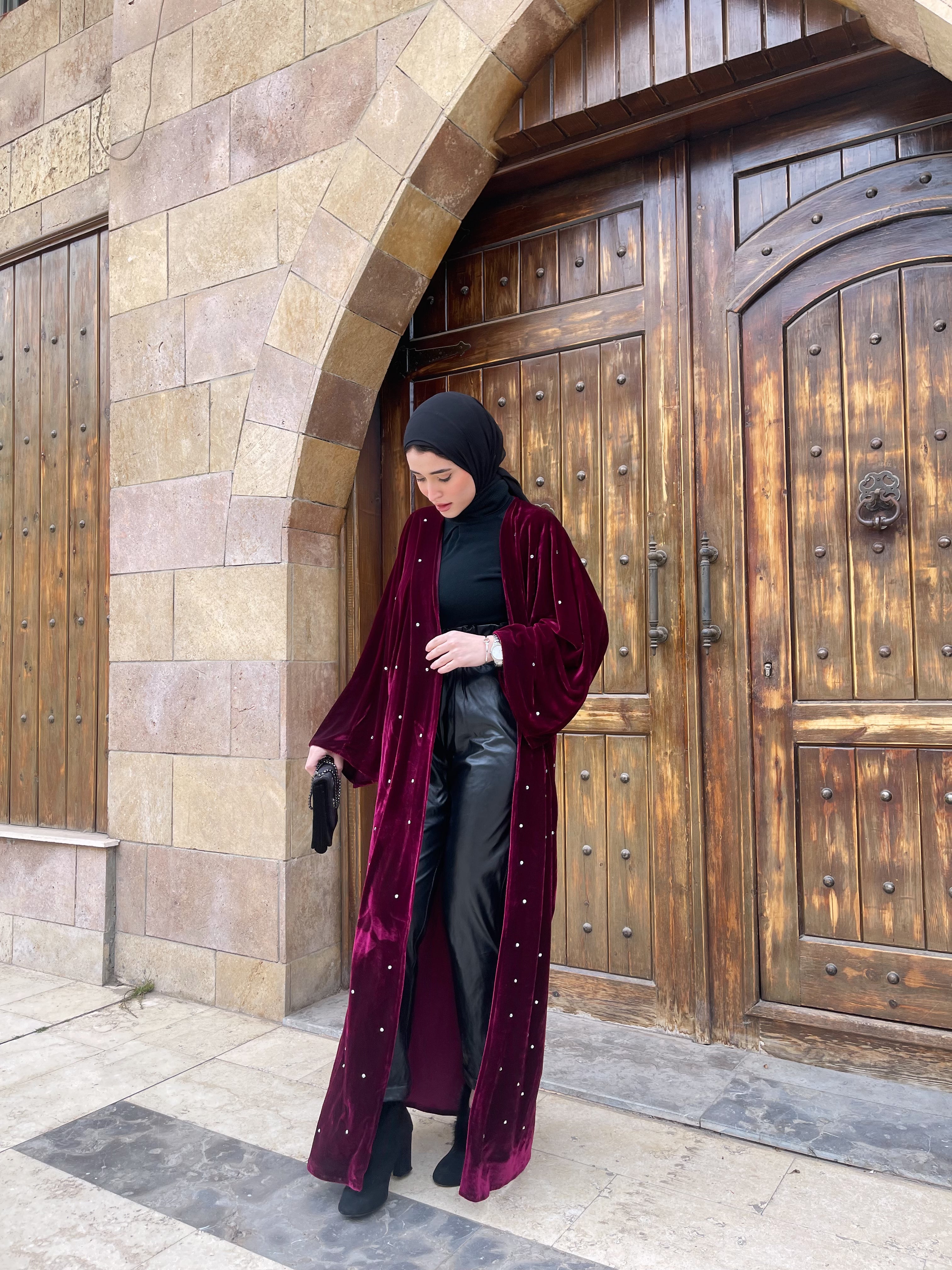 Burgundy Pearl Open Abaya