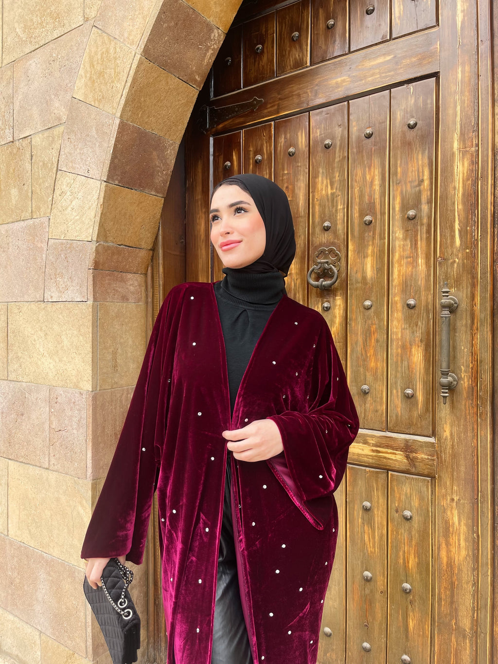 Burgundy Pearl Open Abaya